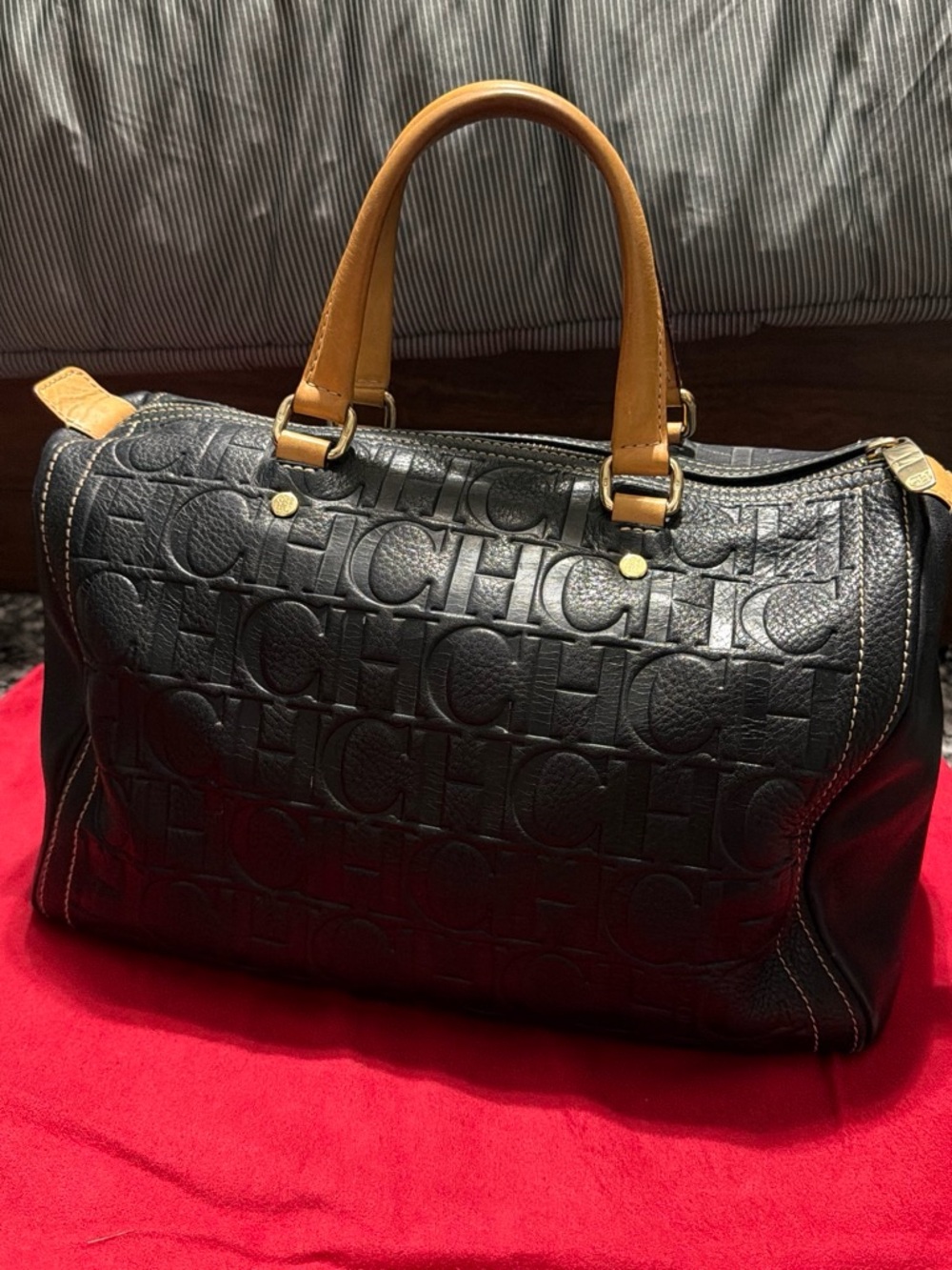 Carolina Herrera Black Embossed Leather Duffel with Tan Handles